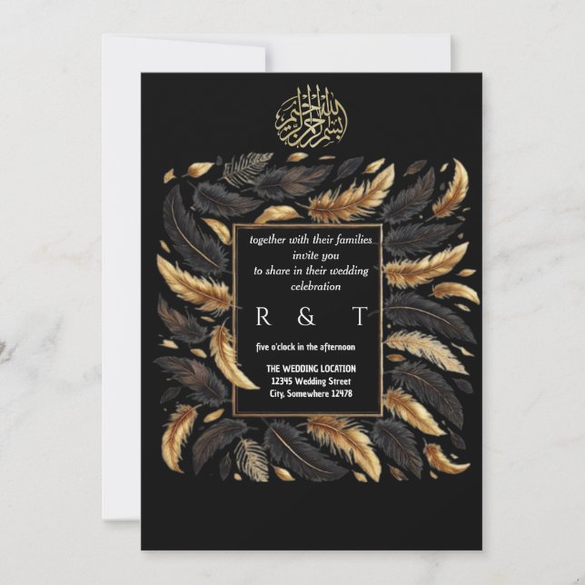 gold and black feathers wedding invitation (Front)