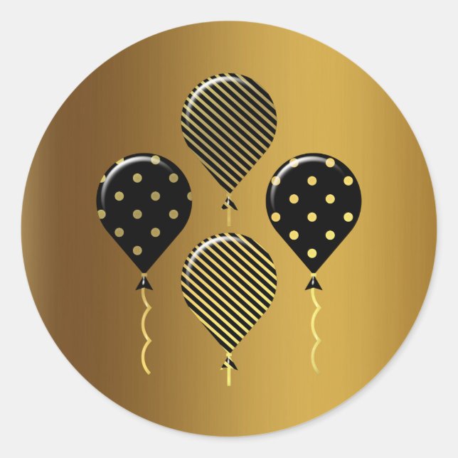 Gold and Black Festive Balloons Classic Round Sticker (Front)