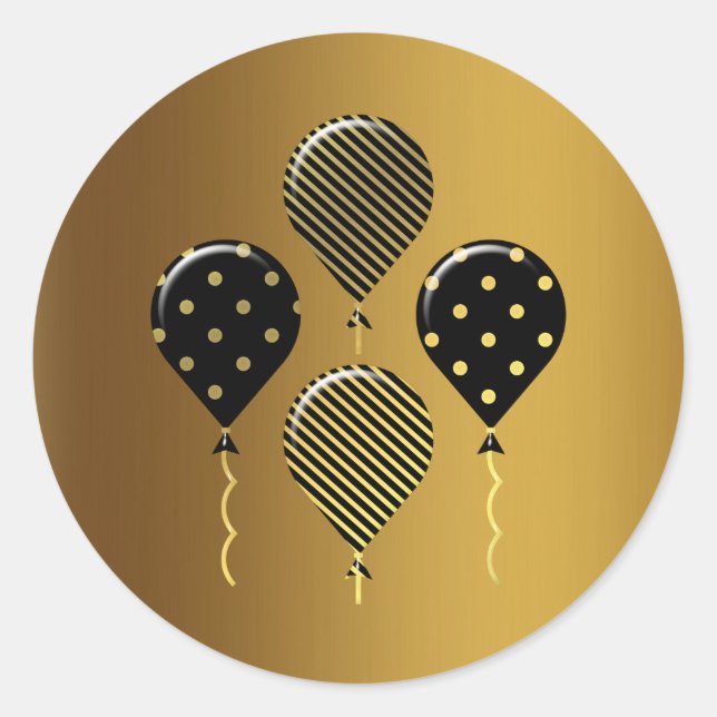 Gold and Black Festive Balloons Classic Round Sticker (Front)
