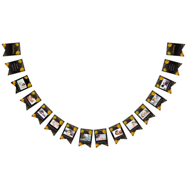 "Gold And Black first birthday photo bunting flags (All)
