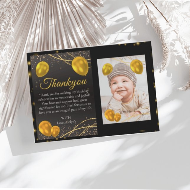 Gold and Black First Birthday photo thank you card (Creator Uploaded)