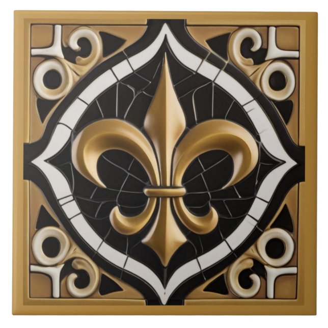 Gold and Black Fleur de Lis Faux Relief Tan Tile (Front)