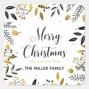 Gold and Black Floral Christmas Holiday Square Sticker