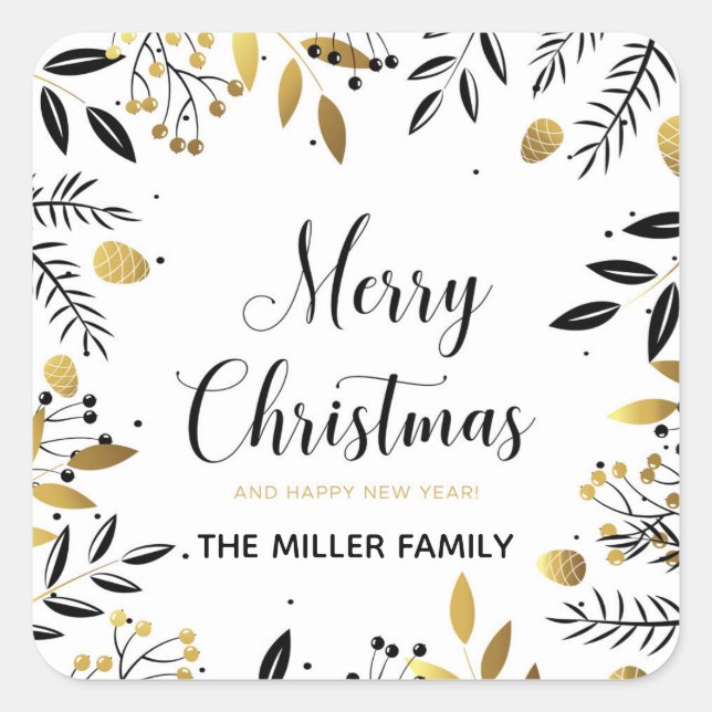 Gold and Black Floral Christmas Holiday Square Sticker (Front)
