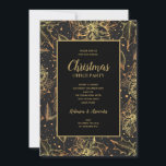 Gold and Black Floral Christmas Party Invitation<br><div class="desc">Gold poinsettias,  holly leaves and berries on a black background,  your party information is featured in chic gold lettering on these Christmas holiday party invitations,  perfect for any event. MATCHING items in our collection.</div>