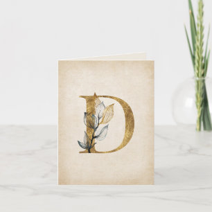 Gold and Black Floral D Monogram With Leaves Note Card