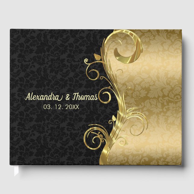 Gold And Black Floral Damask Guest Book (Front)