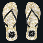 Gold and Black Floral Damask Monogram Flip Flops<br><div class="desc">Custom printed flip flop sandals with a stylish elegant floral damask pattern and your custom monogram or other text in a circle frame. Click Customise It to change text fonts and colours or add your own images to create a unique one of a kind design!</div>
