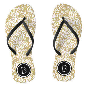 Gold and Black Floral Damask Monogram Flip Flops