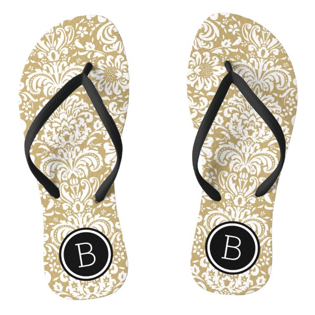 Gold and Black Floral Damask Monogram Flip Flops (Footbed)