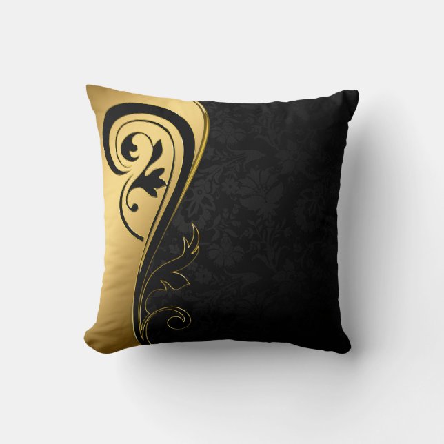 Gold and Black Floral Design Cushion (Front)