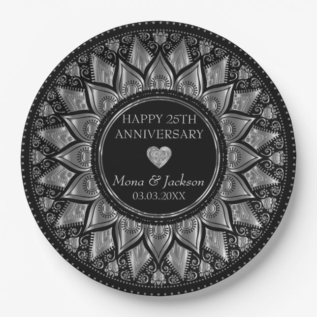 Gold And Black Floral Mandala Wedding Anniversary Paper Plate (Front)