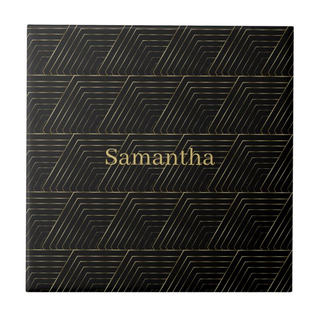 Gold And Black Geometric Repeat Pattern Tile (Front)