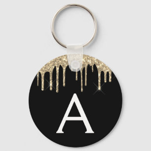 Gold and Black Girly Sparkly Glitter Monogram Key Ring