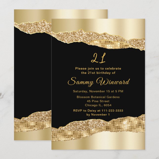 Gold and Black Glam Tears Birthday Party Invitation (Front/Back)