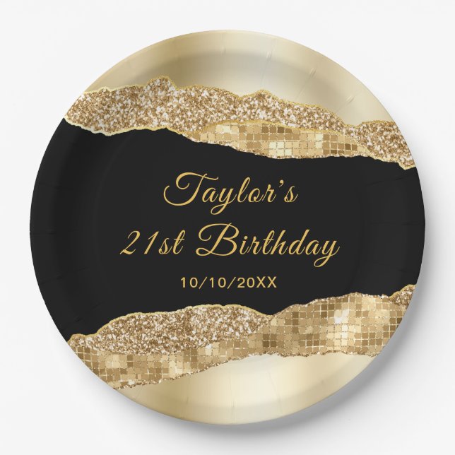 Gold and Black Glam Tears Birthday Party Paper Plate (Front)