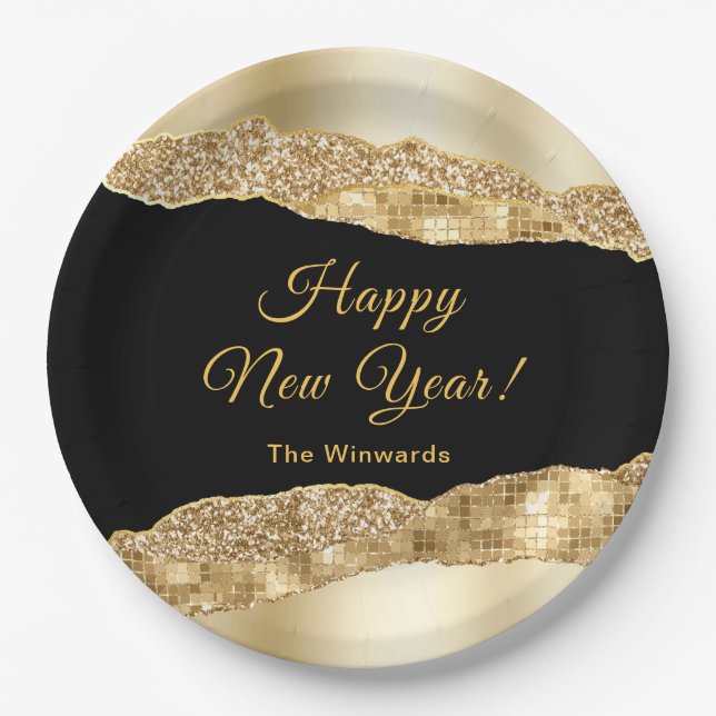 Gold and Black Glam Tears Happy New Year Paper Plate (Front)