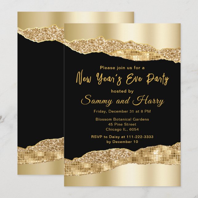 Gold and Black Glam Tears New Year's Eve Party Invitation (Front/Back)