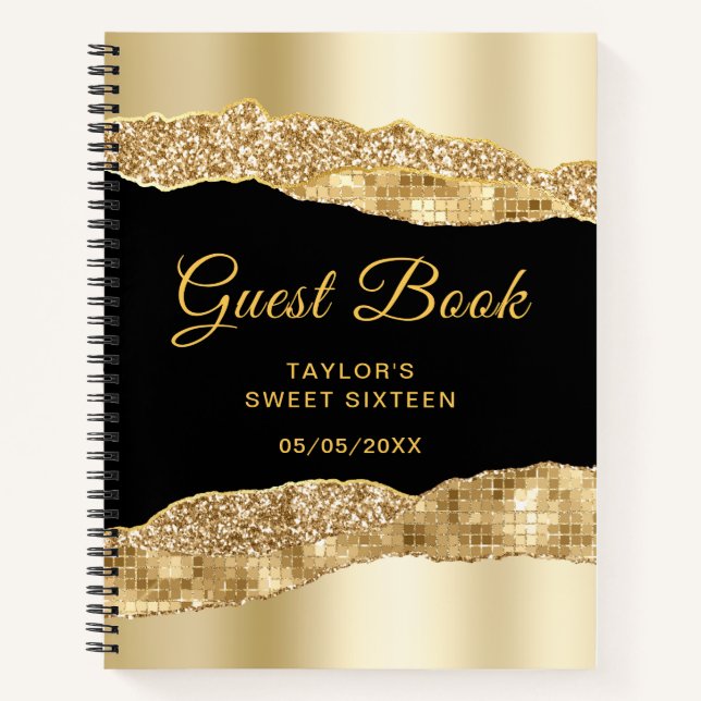 Gold and Black Glam Tears Sweet Sixteen Guest Book (Front)