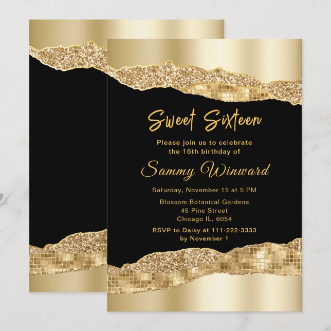 Gold and Black Glam Tears Sweet Sixteen Invitation (Front/Back)