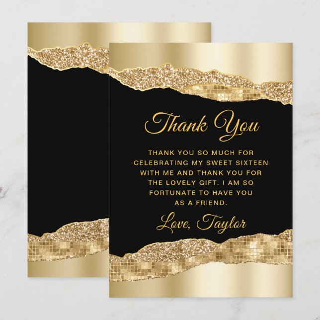 Gold and Black Glam Tears Sweet Sixteen Thank You Card (Front/Back)