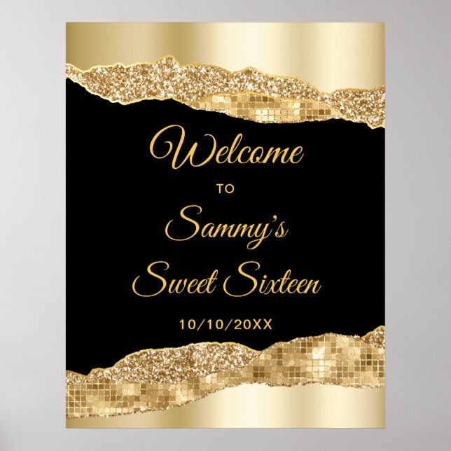 Gold and Black Glam Tears Sweet Sixteen Welcome Poster (Front)