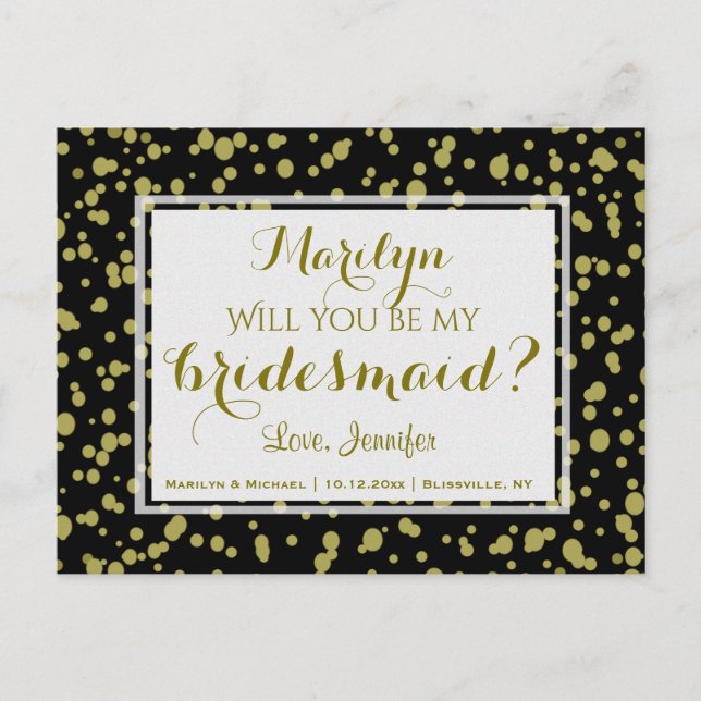 Gold and Black Glam | Will You Be My Bridesmaid? Invitation Postcard (Front)