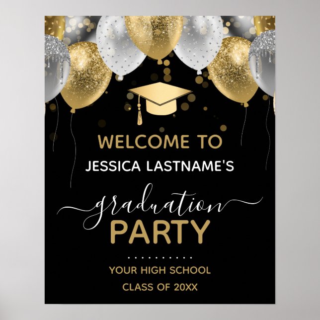 Gold and Black Glitter Balloons Graduation Party  Poster (Front)