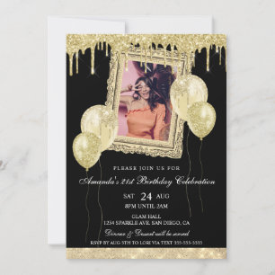 Gold and Black Glitter Drip Photo Frame Invitation