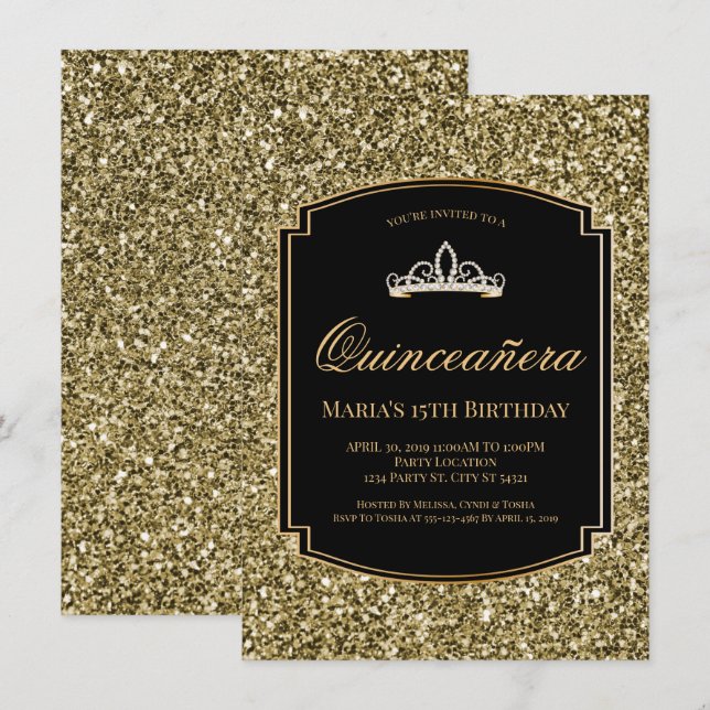 Gold and Black Glitter Quinceañera Invitations (Front/Back)
