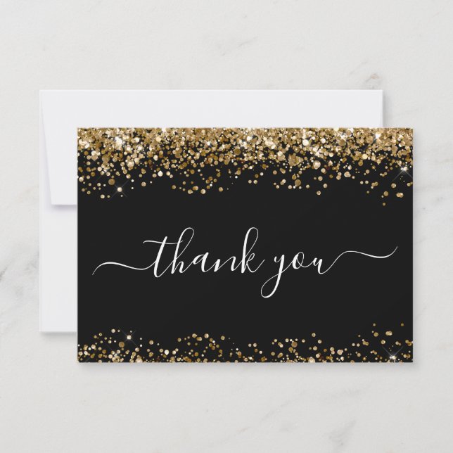 Gold and Black Glitter Thank You Card (Front)