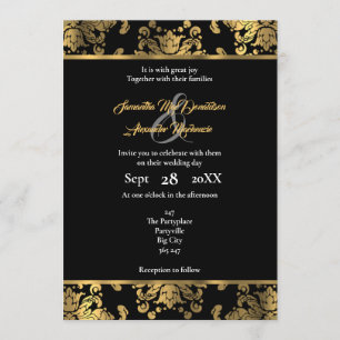 Gold and black gothic damask wedding invitation