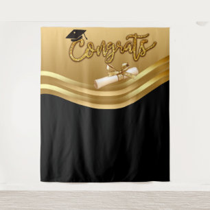 Gold and BlacK Graduation Photo Backdrop Tapestry