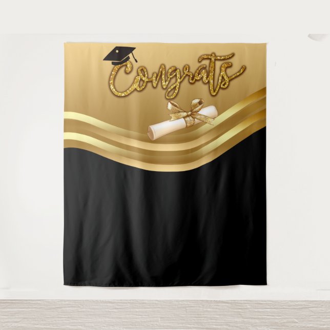 Gold and BlacK Graduation Photo Backdrop Tapestry (Front)