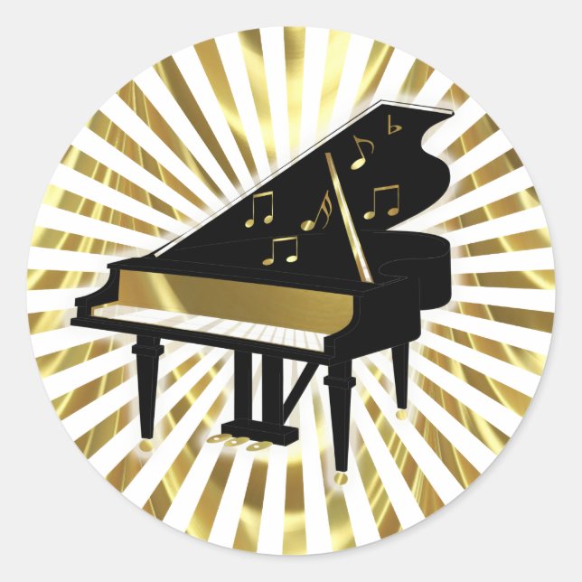Gold and Black Grand Piano Music Notes Classic Round Sticker (Front)