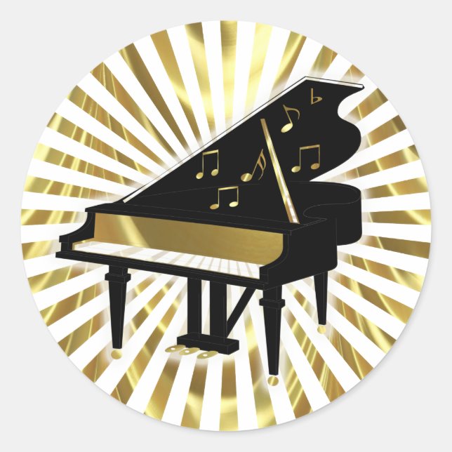 Gold and Black Grand Piano Music Notes Classic Round Sticker (Front)