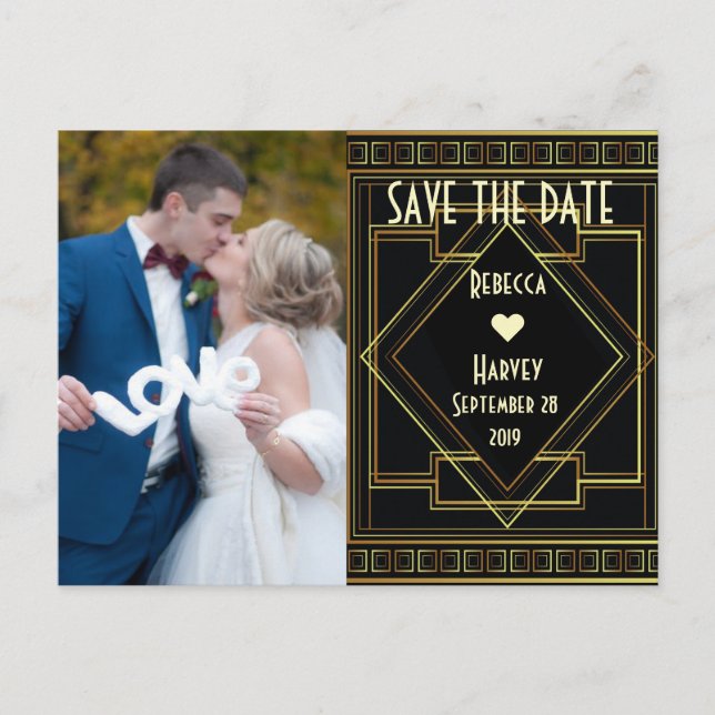 gold and black great gatsby wedding save the date announcement postcard (Front)