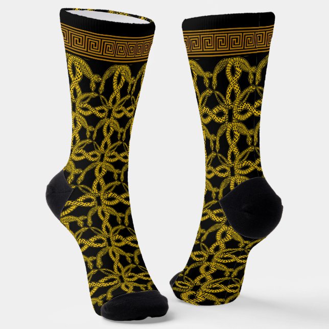 Gold And Black Greek Key And Snakes Socks (Angled)