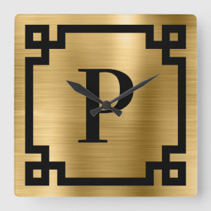 Gold and Black Greek Key Border Monogram Square Wall Clock