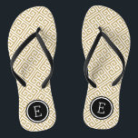 Gold and Black Greek Key Monogram Flip Flops<br><div class="desc">Custom printed flip flop sandals with a stylish modern Greek key pattern and your custom monogram or other text in a circle frame. Click Customise It to change text fonts and colours or add your own images to create a unique one of a kind design!</div>