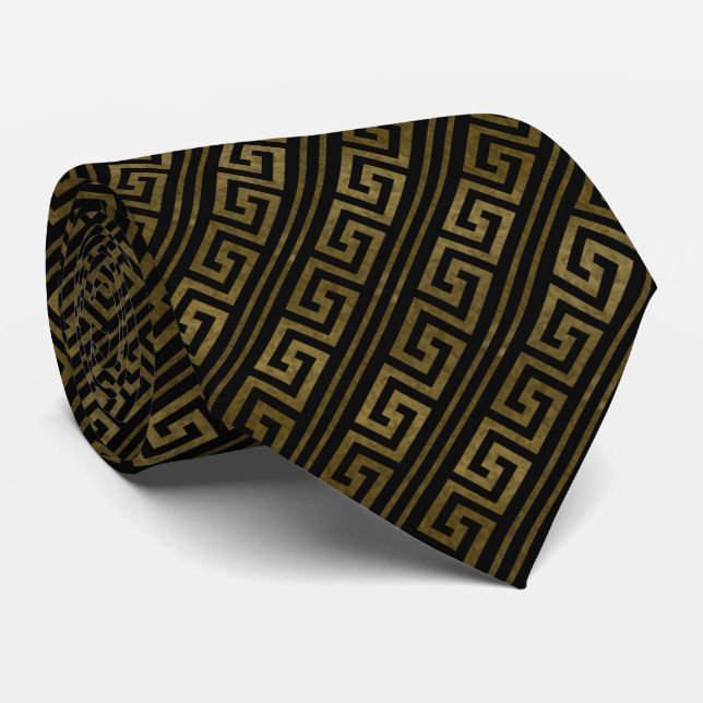 Gold and Black Greek Key Stripe Design Tie (Rolled)