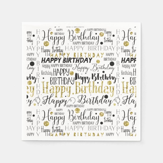 Gold and Black Happy Birthday Confetti Napkin (Front)