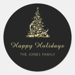 Gold and Black Happy Holidays Christmas Tree Classic Round Sticker