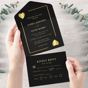 Gold and Black Heart Frame Vegas Poker Wedding All In One Invitation