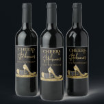 Gold and Black High Heel Shoes Cheers Custom  Wine Label<br><div class="desc">Elegant and Chic Modern Gold and Black Personalised Birthday Wine Bottle Custom Labels with Faux Glitter Yellow Gold High Heel Stiletto Shoes and custom name calligraphy script cursive with "Cheers" to birthday name's any age birthday party celebration!</div>