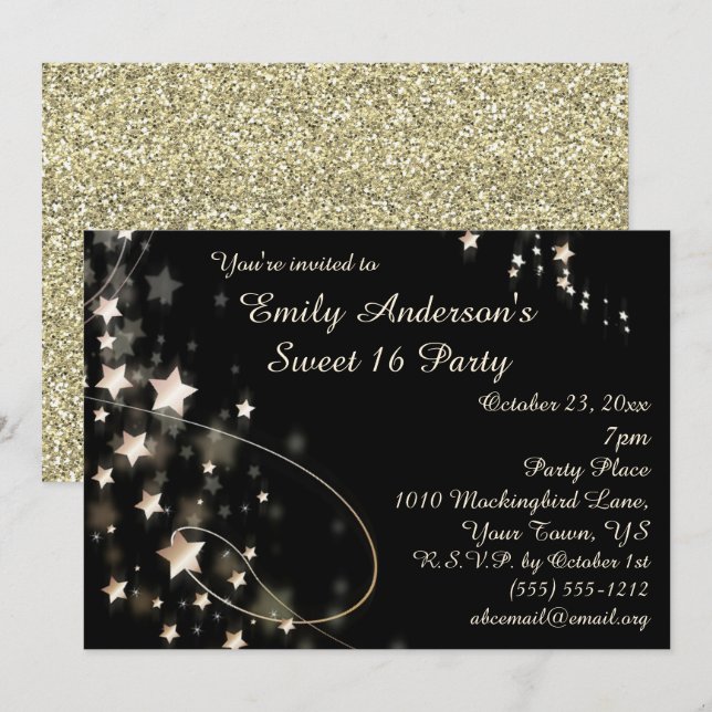 Gold and Black Hollywood Star Sweet 16 Birthday Invitation (Front/Back)