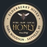 Gold and Black Honey Label with Vintage Queen Bee<br><div class="desc">Black Label with Vintage Queen Bee features a gold border with your Apiary Name and Location. Apiary name is displayed in curved text across the top and the beekeeper's name, city and town are written in curved text on the lower half of the label. The word "Honey" is written in...</div>