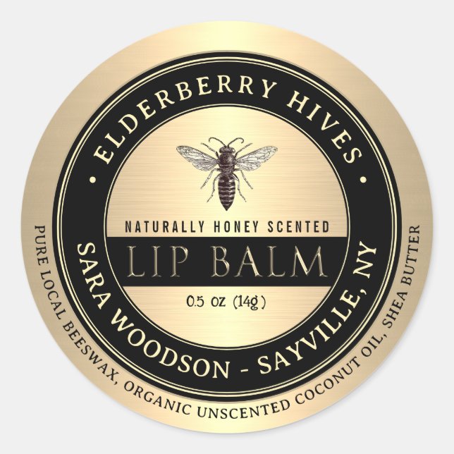 Gold and Black Honey Scented Lip Balm Queen Bee Classic Round Sticker (Front)