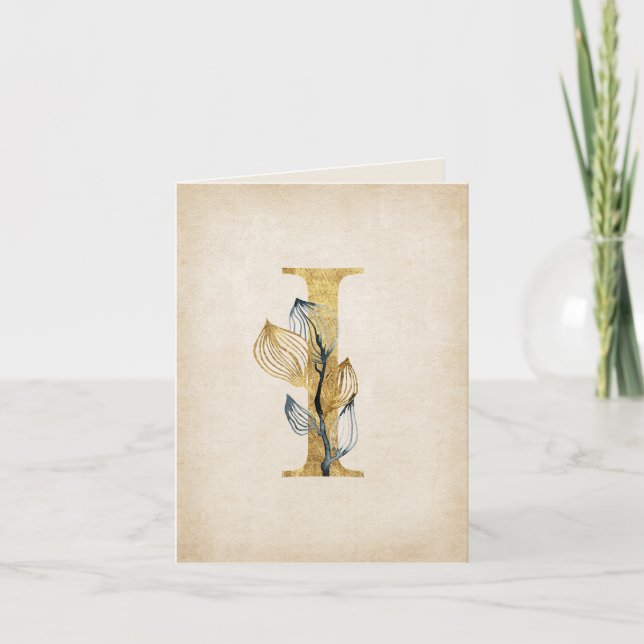Gold and Black I Monogram With Leaves Note Card (Front)