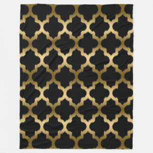 Gold And Black Ikat Quatrefoil Geometric Pattern Fleece Blanket